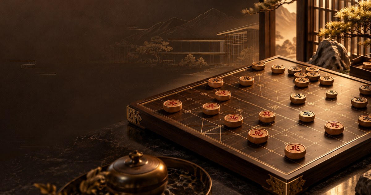 木質中國象棋盤與紅黑棋子